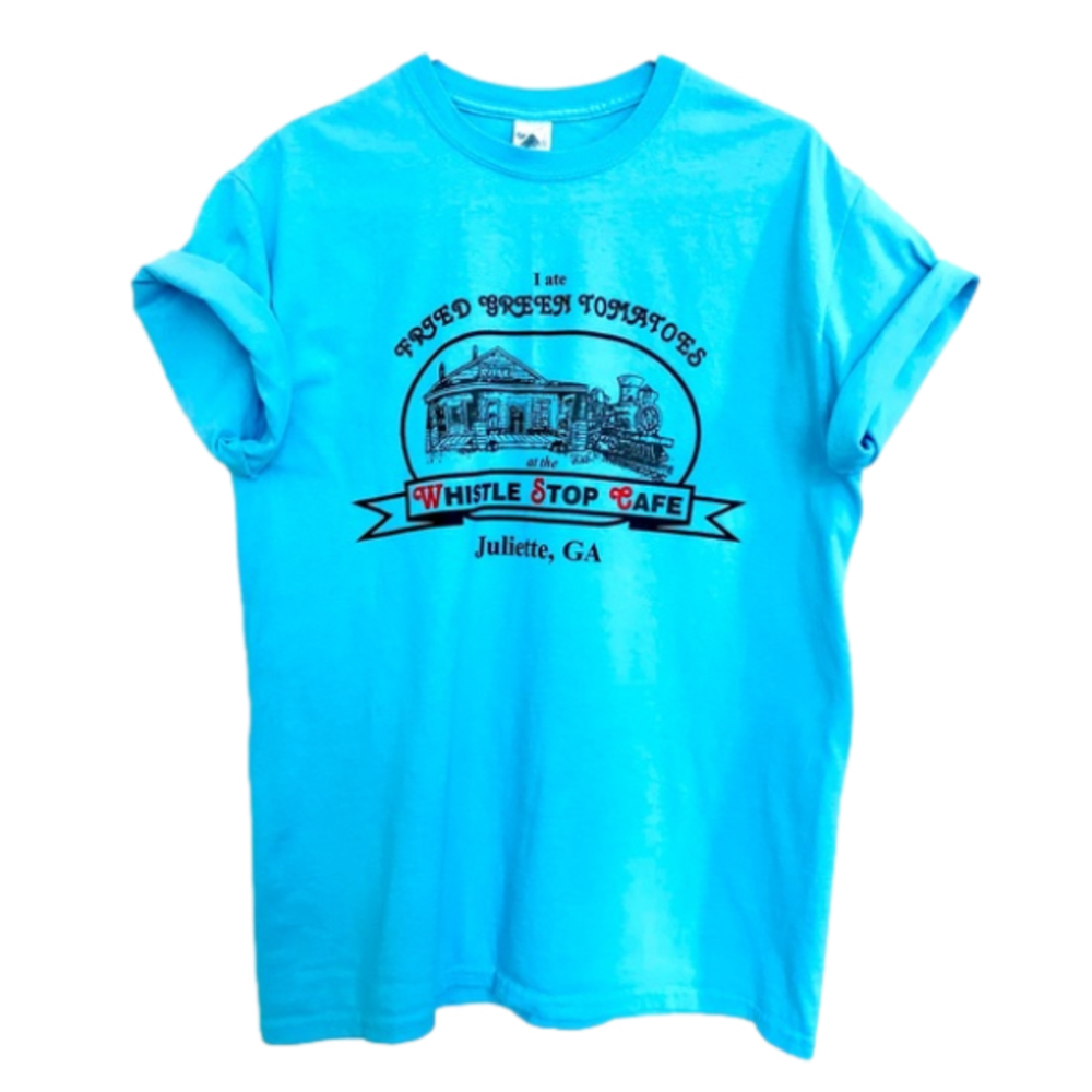 WHISTLE STOP CAFE Bright Blue Fried Green Tomatoes Tee by Gildan, 100% cotton
